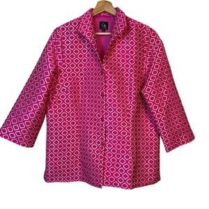 Connie Roberson Woven Silk Button Front Jacket Size Large Jacquard Geometric